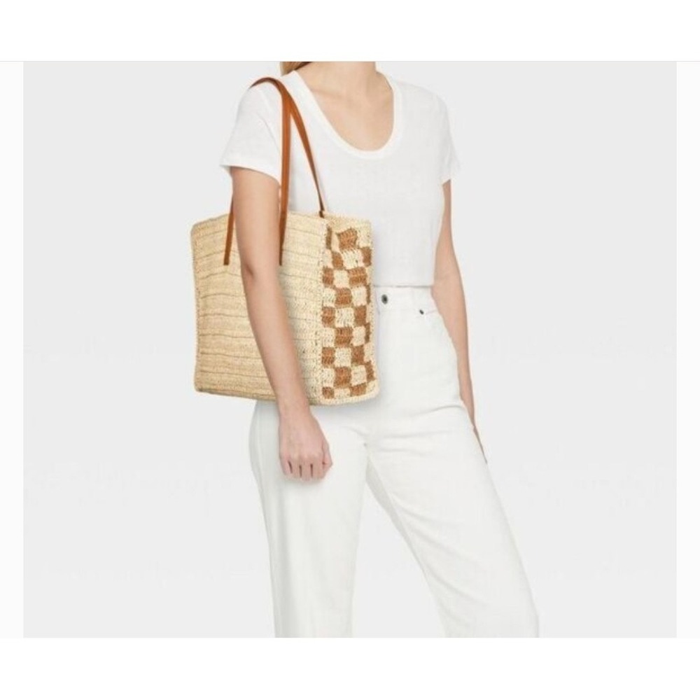 Straw Packable Checker Boxy Tote Handbag Universal Thread Beige Packable - Picture 11 of 11
